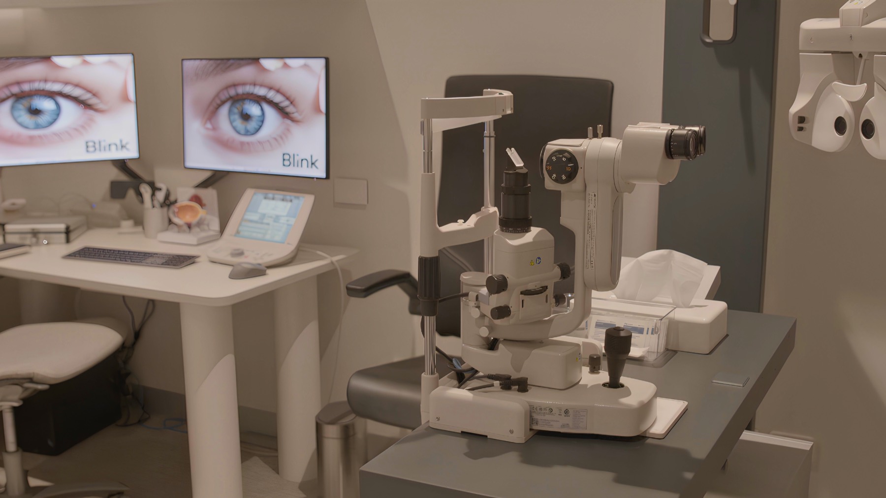 Consulting room with a slit lamp and diagnostic equipment